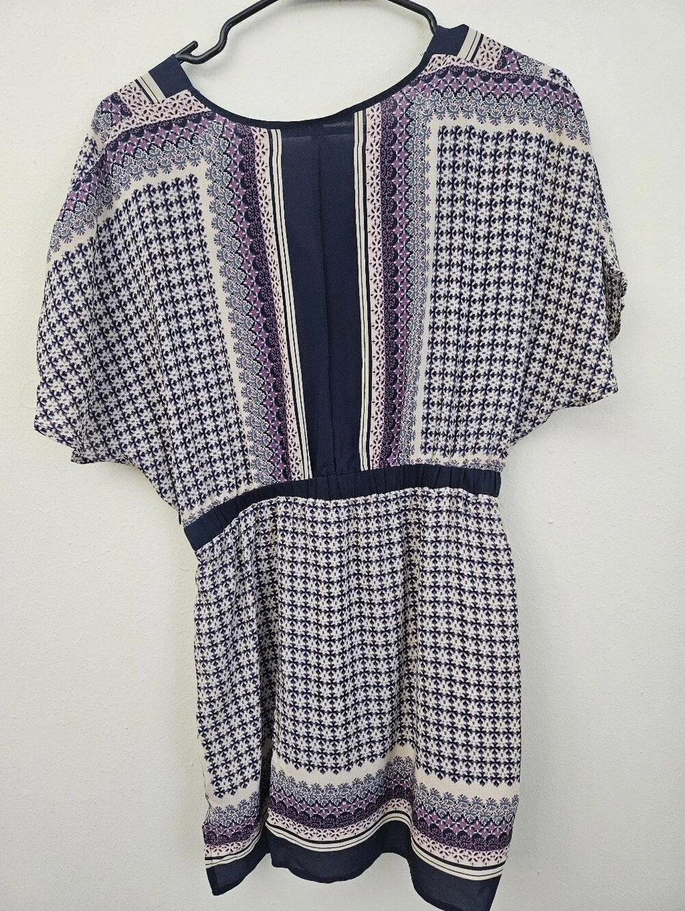 100 % Silk Daniel Rainn Navy, Cream and Purple V-Neck Patterned Tunic